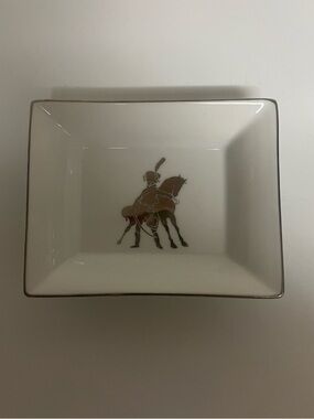 LR PARIS White Porcelain Trinket Soap Dish  Mounted Horseman Motif Silver Trim